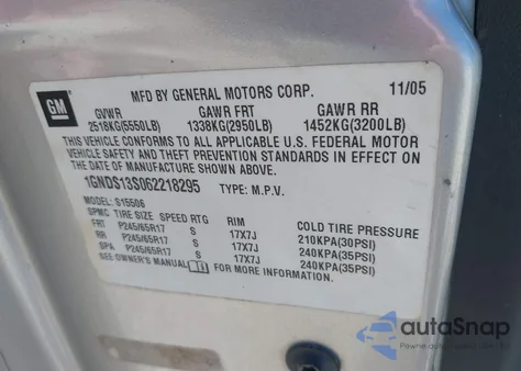 2006 Chevrolet Trailblazer Lt из США, поврежденный, VIN 1GNDS13S062218295